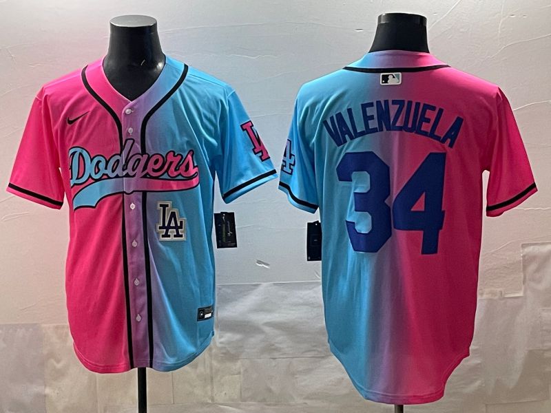 Men 2025 Los Angeles Dodgers 34 Valenzuela Blue pink Game Nike MLB Jersey style 010